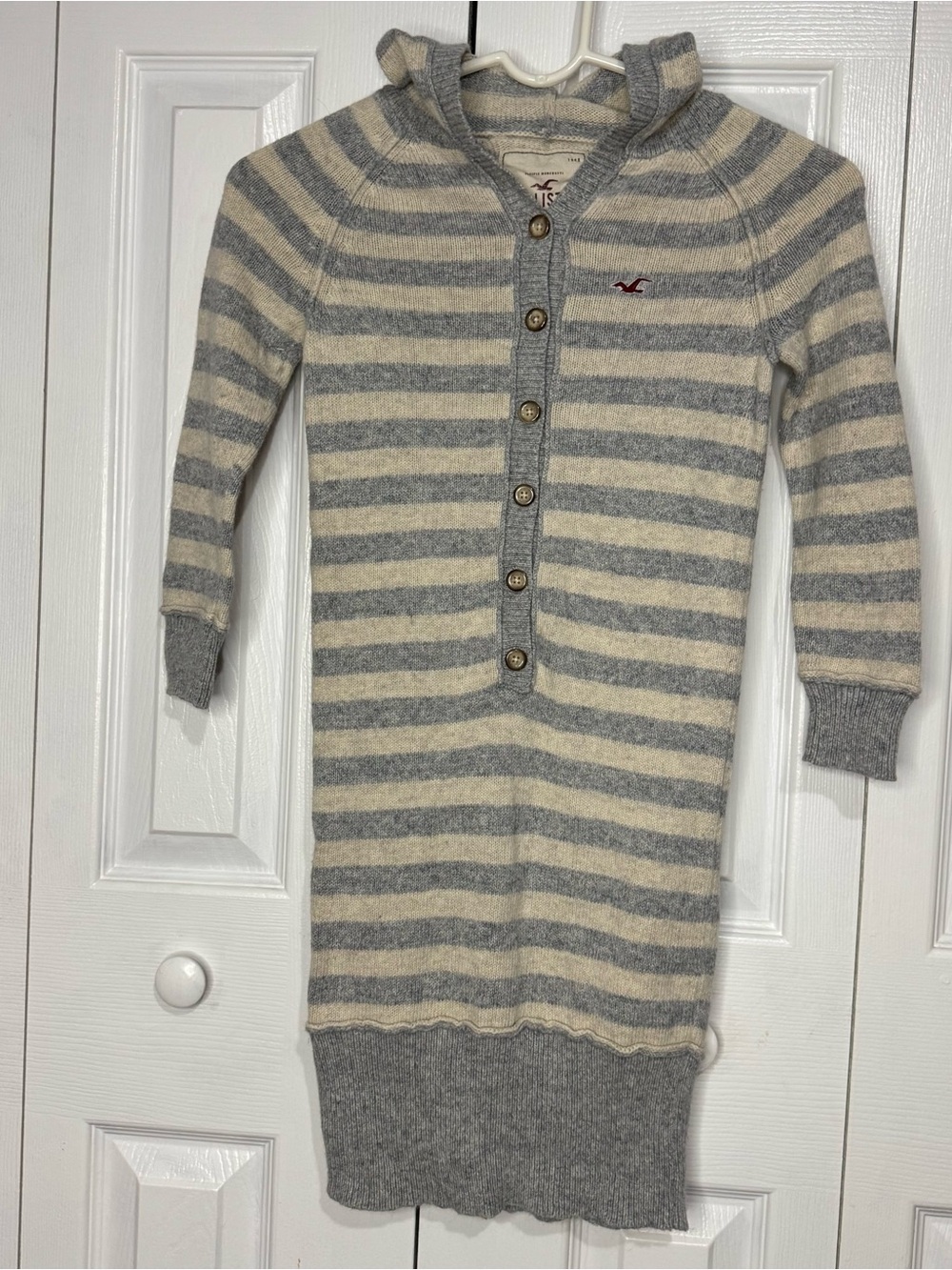 Y2K Hollister Gray & Cream Striped Hooded Knit Sweater / Dress
